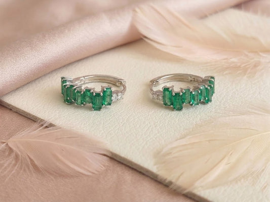 Emerald & Moissanite Baguette Hoop Earrings – Green Gemstone Huggies for Women