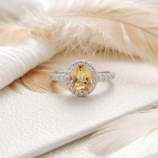 Citrine Halo Engagement Ring – Oval Cut Golden Gemstone Ring for Women