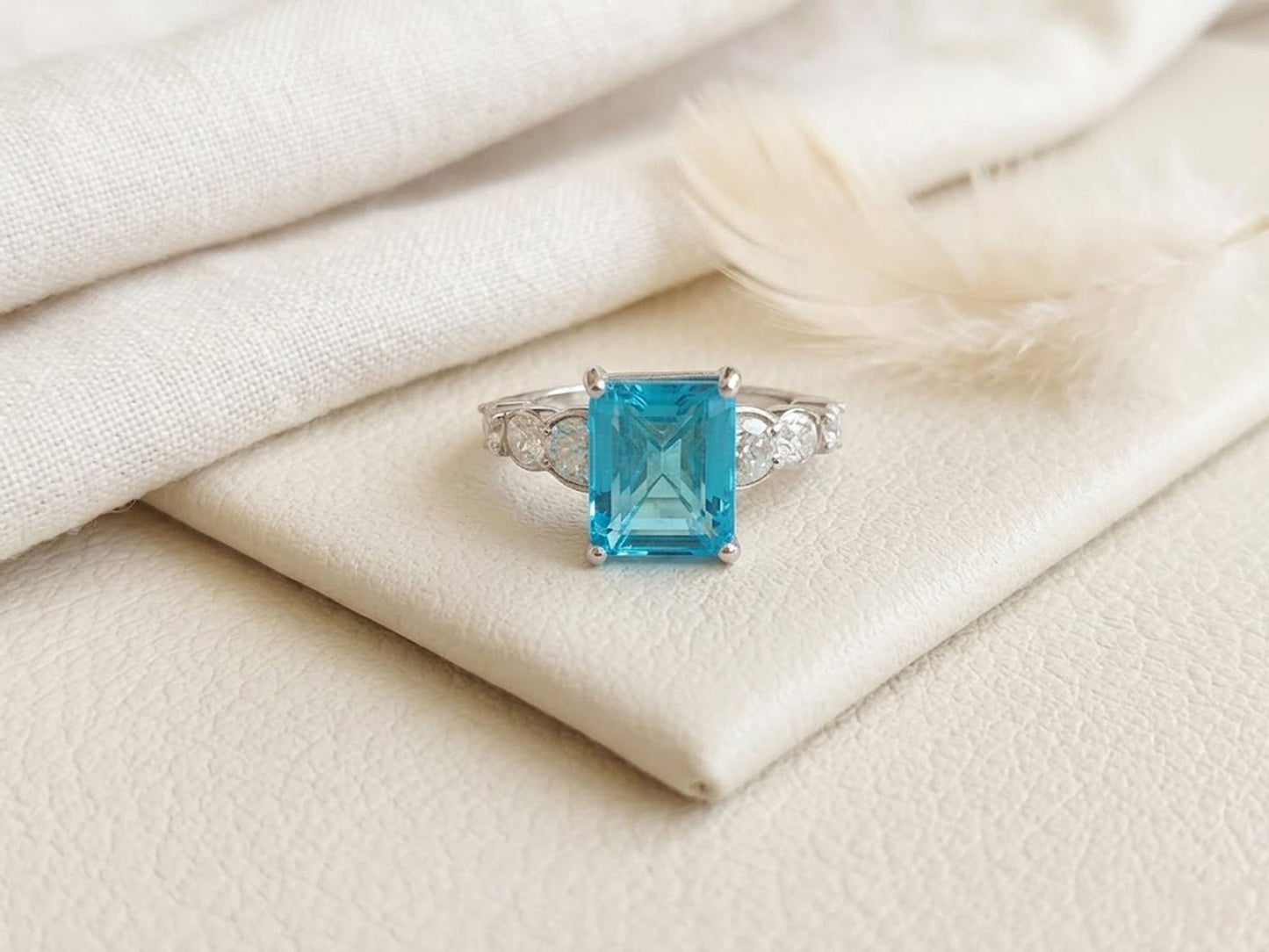 Blue Topaz & Moissanite Engagement Ring – Emerald Cut Blue Gemstone Ring for Women
