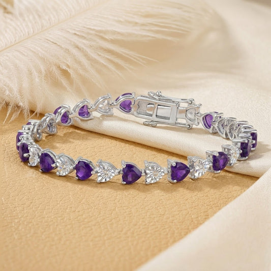 Natural Amethyst & Moissanite Heart Tennis Bracelet – Romantic Gemstone Jewelry for Women
