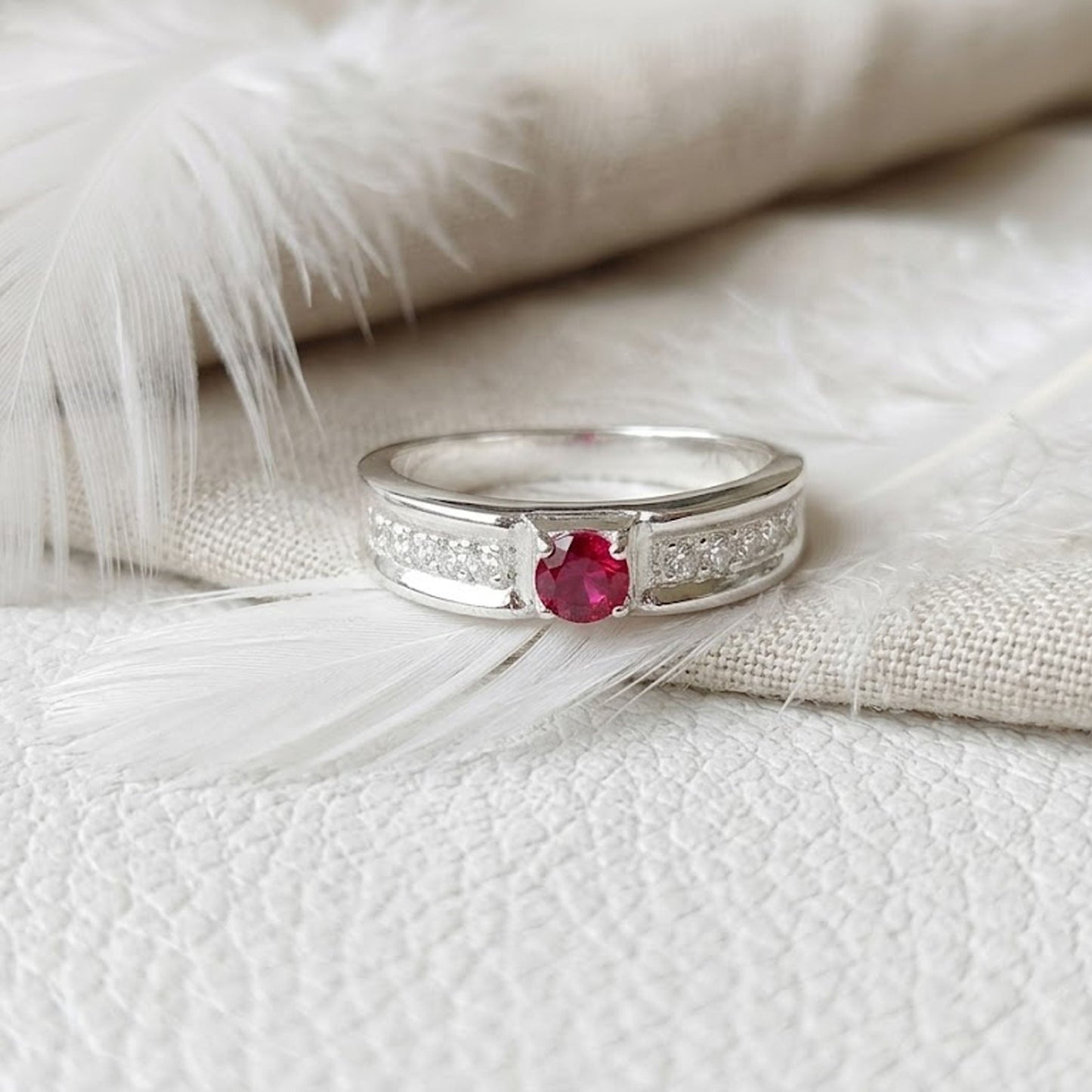 Ruby & Moissanite Wedding Band – Round Cut Vintage Anniversary Ring for Women