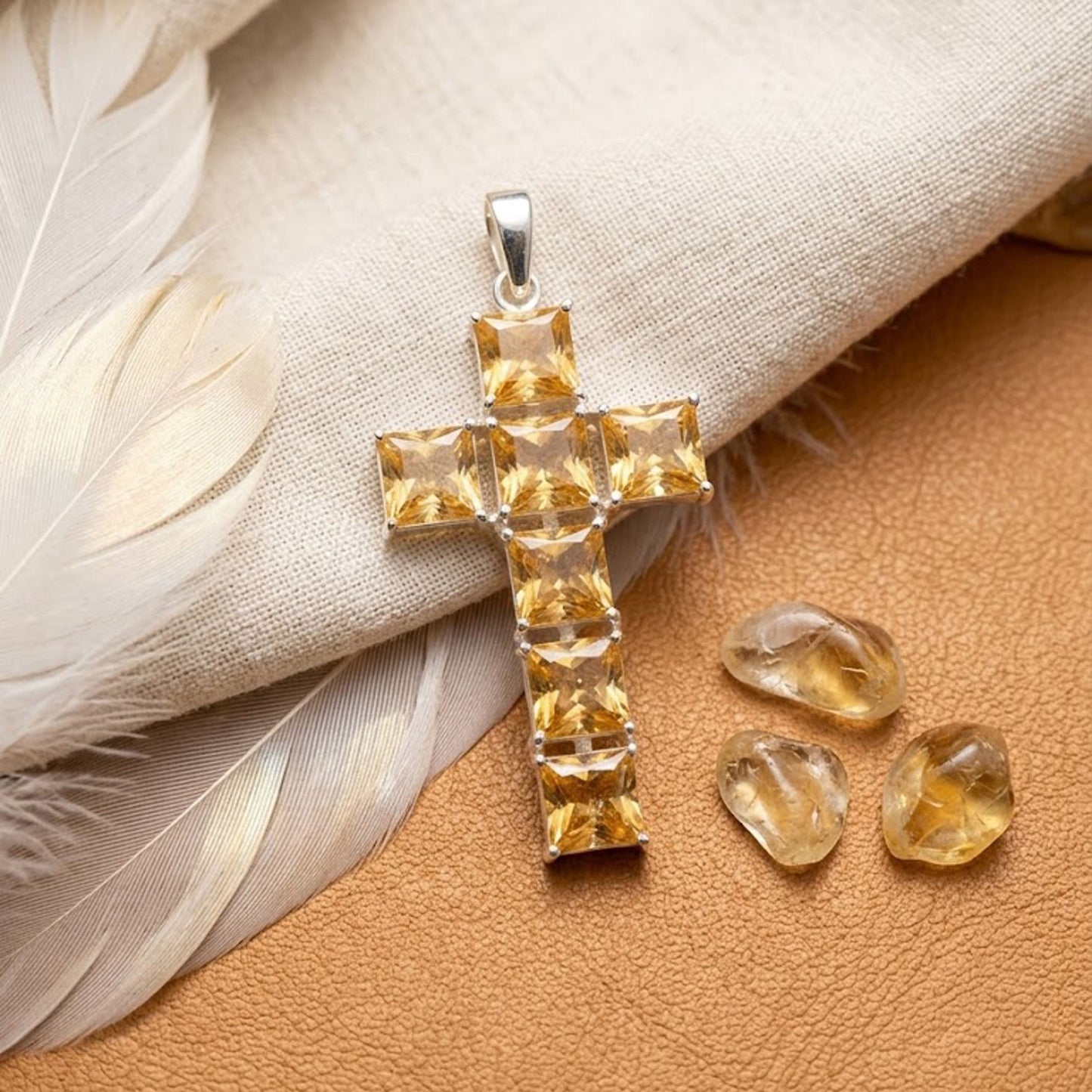 Natural Citrine Cross Necklace – Yellow Gemstone Pendant Jewelry for Women