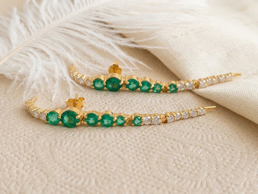 Green Emerald Ear Climbers with Moissanite – Elegant Gemstone Crawler Earrings