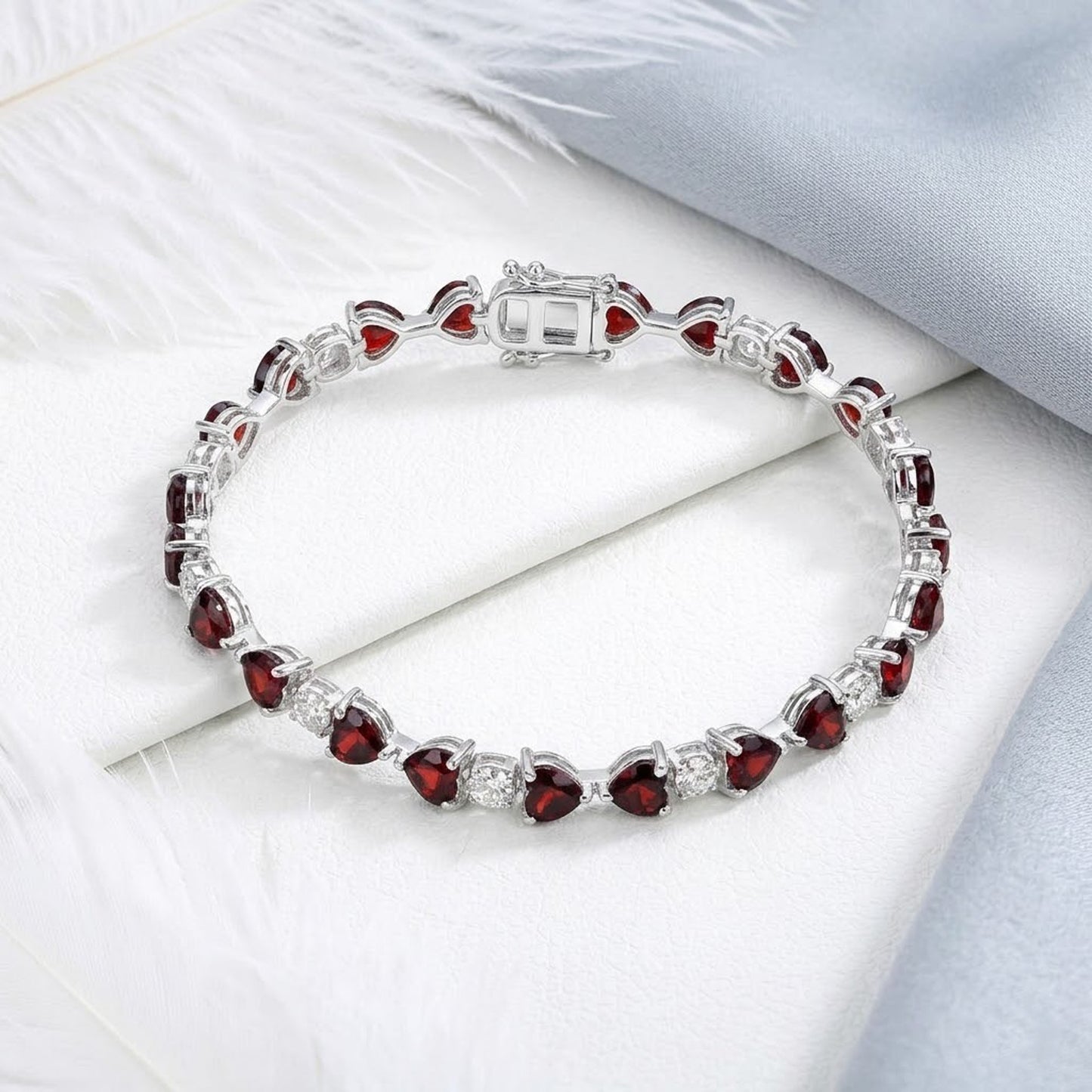 Romantic Garnet & Moissanite Heart Tennis Bracelet – Handmade Gemstone Jewelry