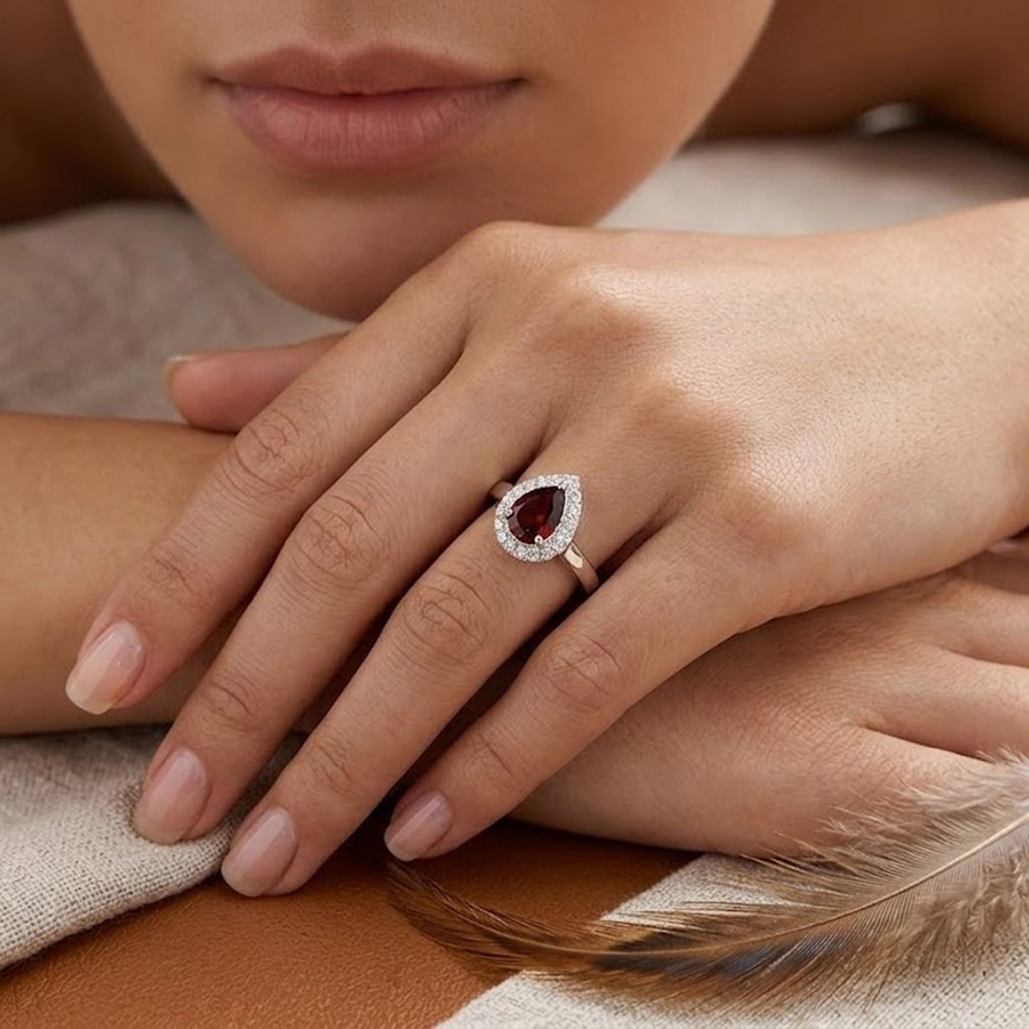 Natural Garnet Halo Engagement Ring – Pear Cut Vintage Bridal Ring for Women