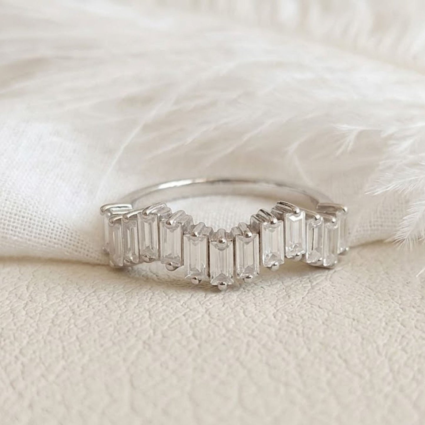 Baguette Moissanite Curved Wedding Band – Chevron Stacking Ring for Women