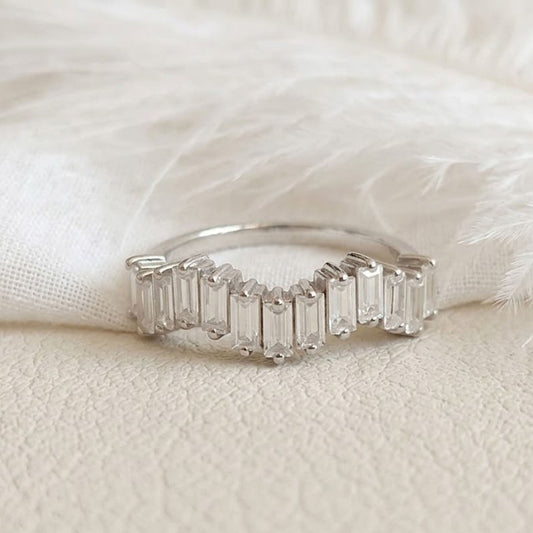 Baguette Moissanite Curved Wedding Band – Chevron Stacking Ring for Women
