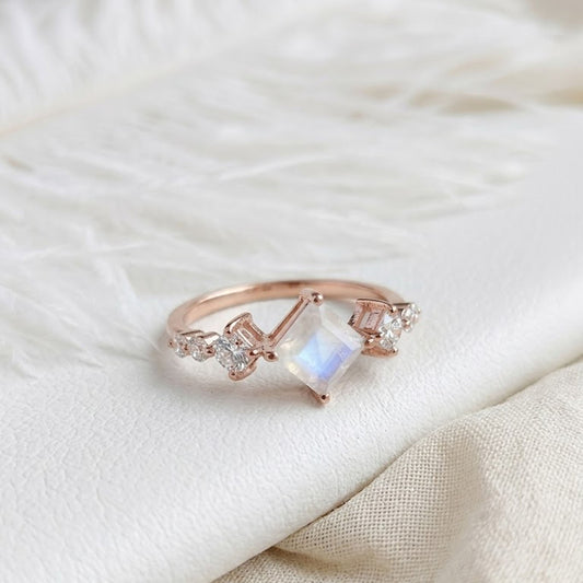Moonstone  Engagement Ring – Princess Cut Cluster Ring for Women