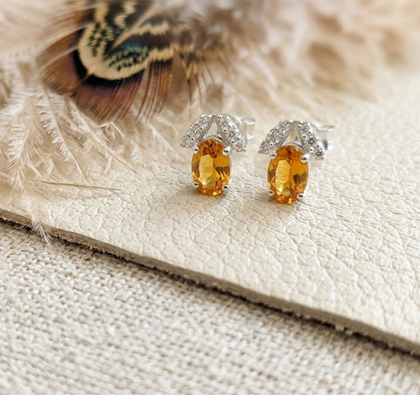 Natural Citrine & Moissanite Stud Earrings – Oval Yellow Gemstone Jewelry