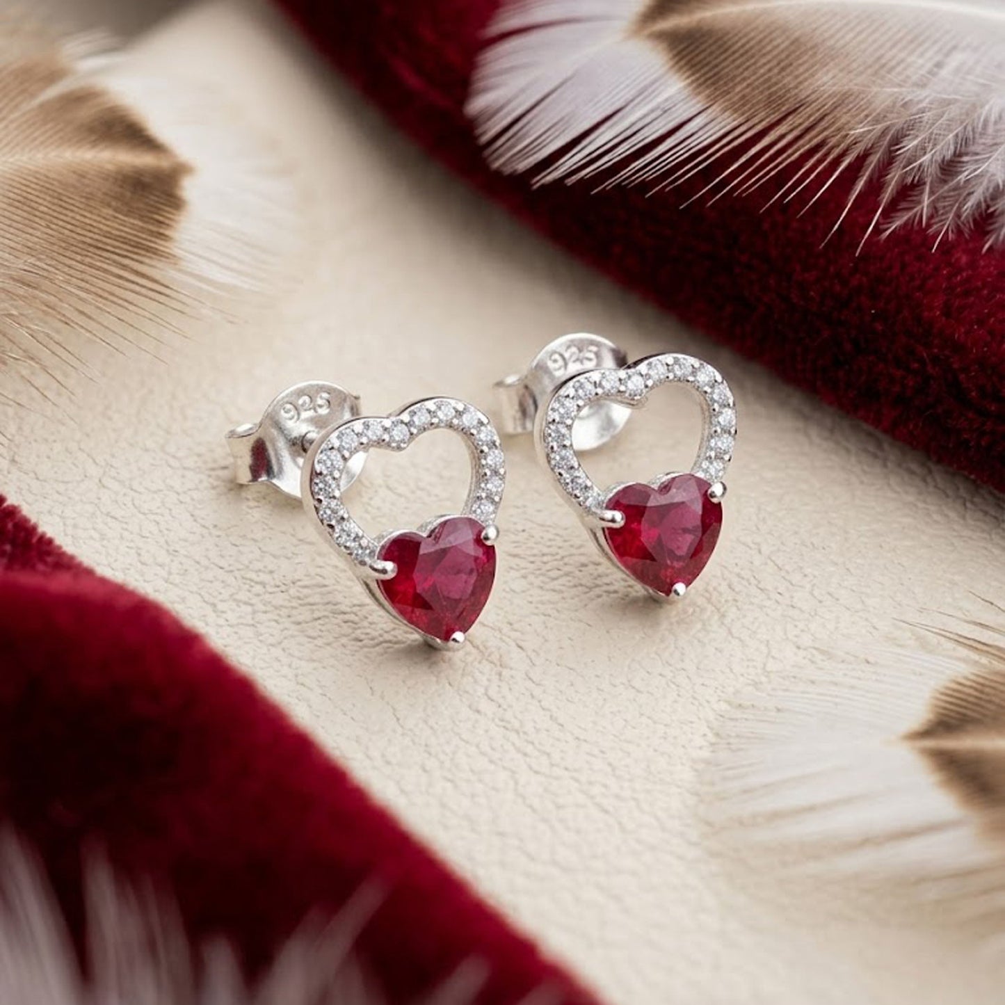 Natural Garnet & Moissanite Heart Stud Earrings – Romantic Gemstone Jewelry for Women