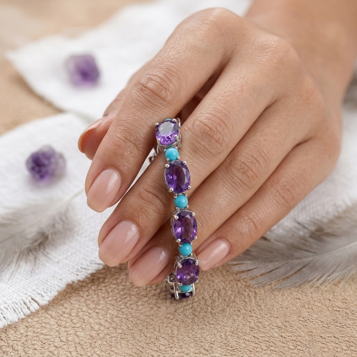 Natural Amethyst & Turquoise Tennis Bracelet – Gemstone Jewelry for Women