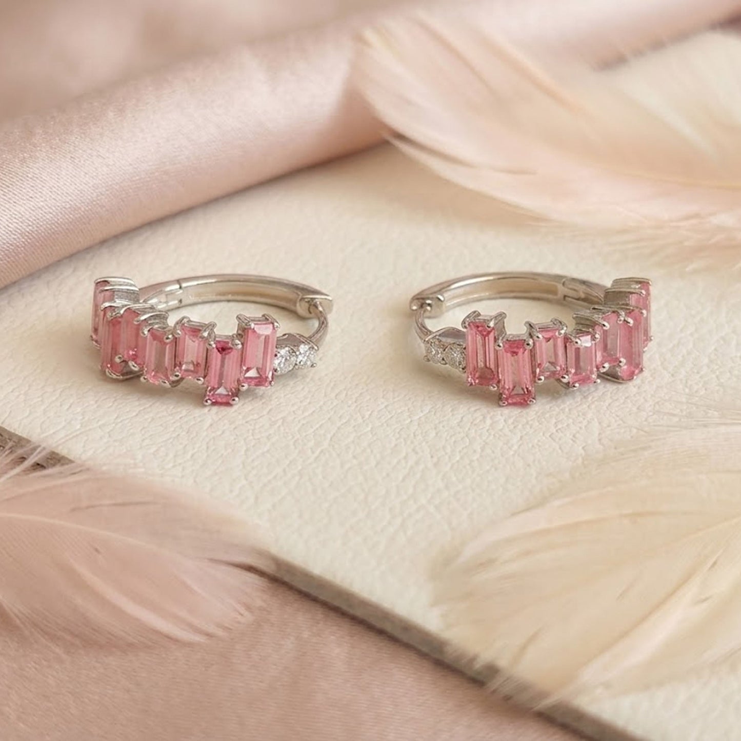 Pink Topaz & Moissanite Baguette Hoop Earrings – Graduated Gemstone Huggies for Women