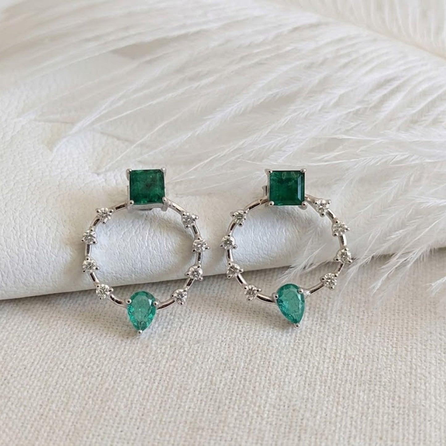 Emerald & Moissanite Halo Drop Earrings – Geometric Gemstone Jewelry for Women