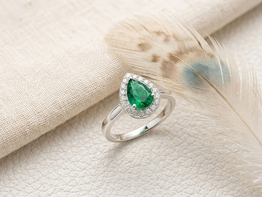 Emerald Halo Engagement Ring – Pear Shaped Vintage Bridal Ring for Women