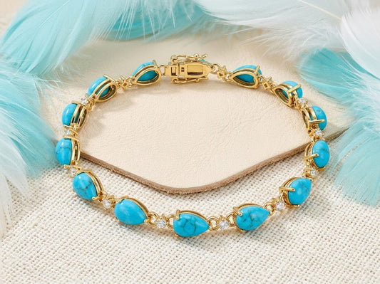 Natural Turquoise & Moissanite Tennis Bracelet – Bohemian Gemstone Link Bracelet for Women