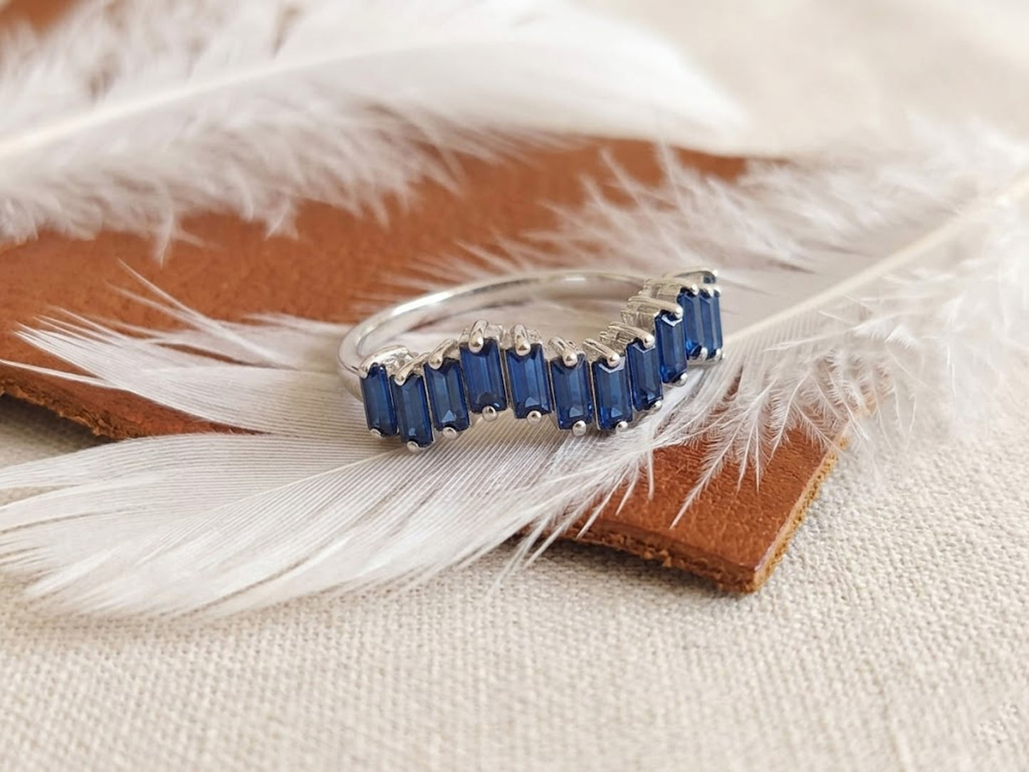 Blue Sapphire Baguette Half Eternity Ring – Curved Chevron Gemstone Band for Women