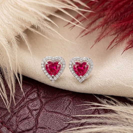 Natural Red Garnet & Moissanite Heart Halo Stud Earrings – Romantic Gemstone Jewelry for Women