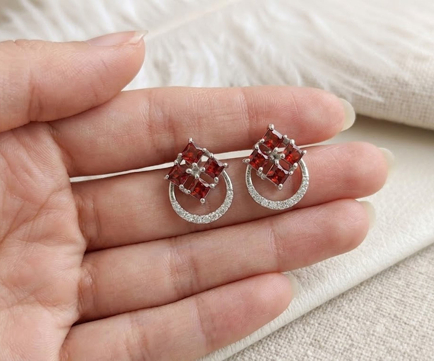 Natural Garnet & Moissanite Stud Earrings – Square Gemstone Jewelry for Women