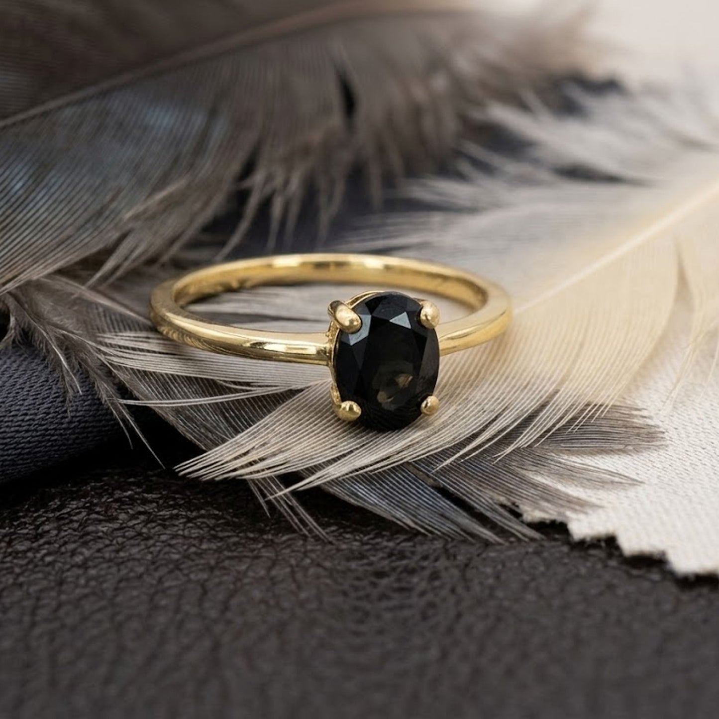 Natural Black Onyx Solitaire Band Ring  - Oval cut Vintage Anniversary Ring for Women