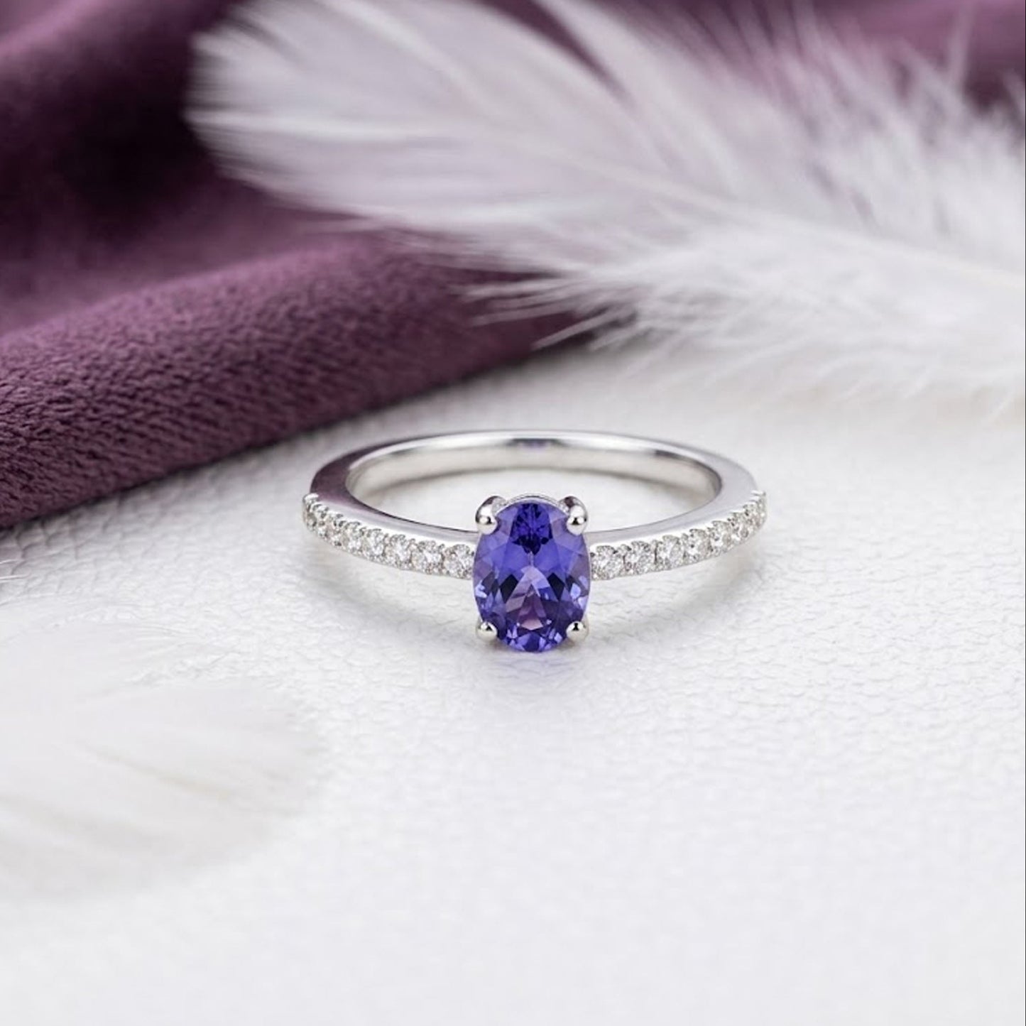 Tanzanite Halo Engagement Ring – Oval Cut Vintage Bridal Ring for Women
