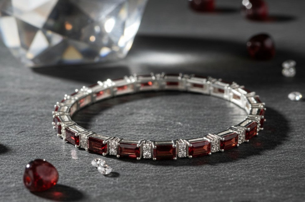 Garnet & Moissanite Tennis Bracelet in Sterling Silver