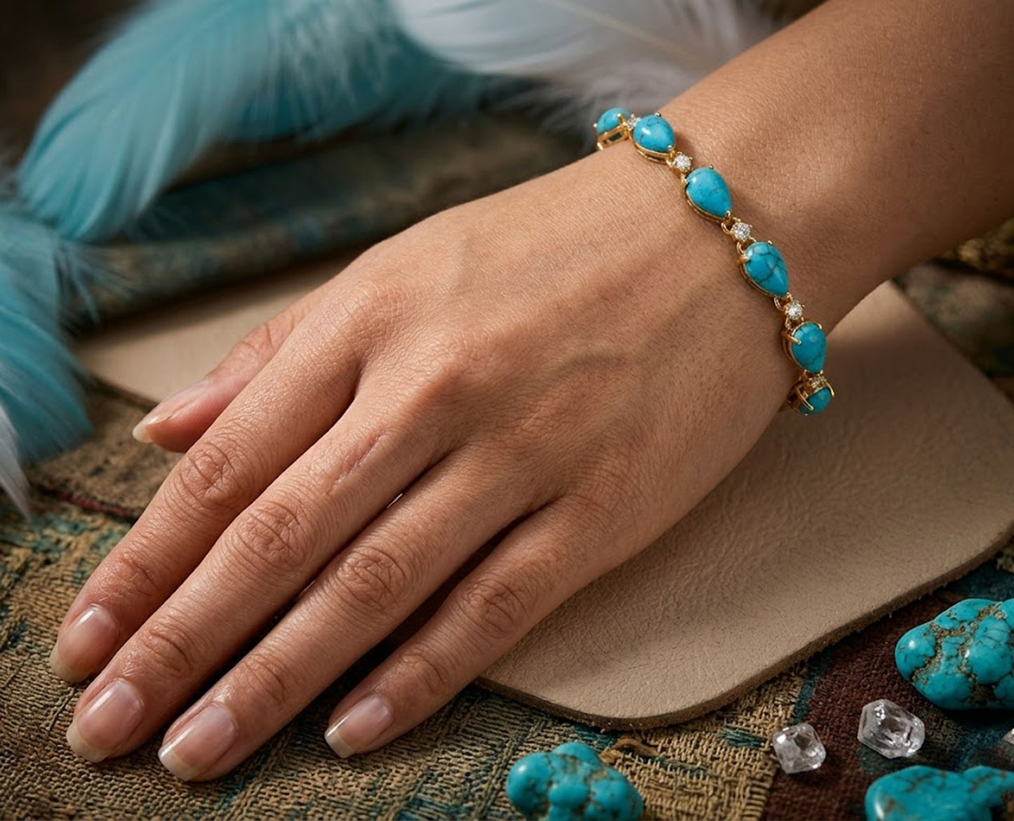 Natural Turquoise & Moissanite Tennis Bracelet – Bohemian Gemstone Link Bracelet for Women