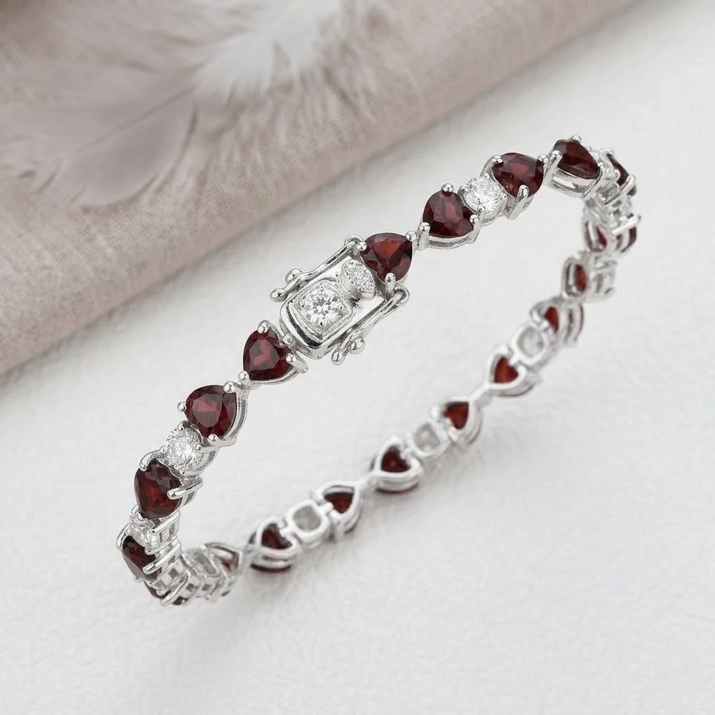 Romantic Garnet & Moissanite Heart Tennis Bracelet – Handmade Gemstone Jewelry