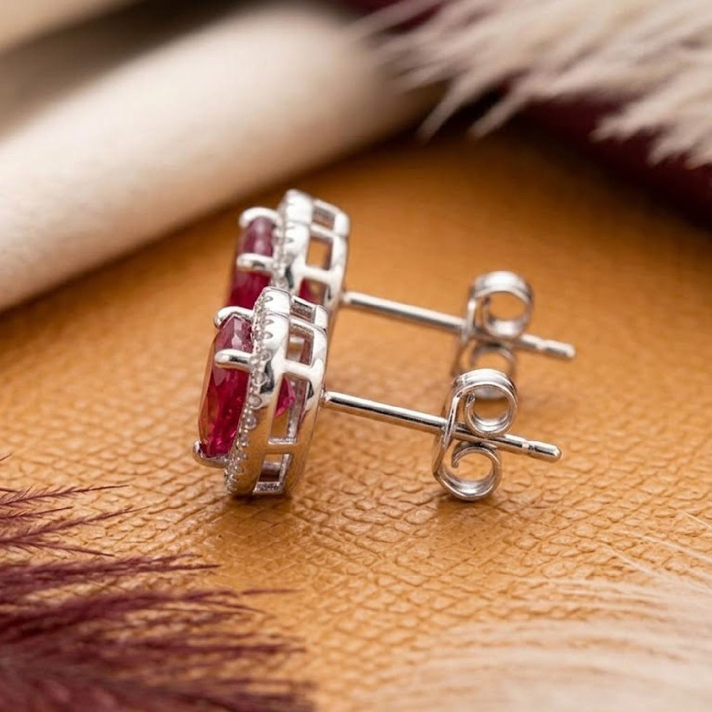 Natural Red Garnet & Moissanite Heart Halo Stud Earrings – Romantic Gemstone Jewelry for Women