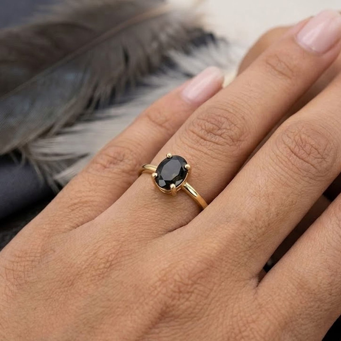 Natural Black Onyx Solitaire Band Ring  - Oval cut Vintage Anniversary Ring for Women