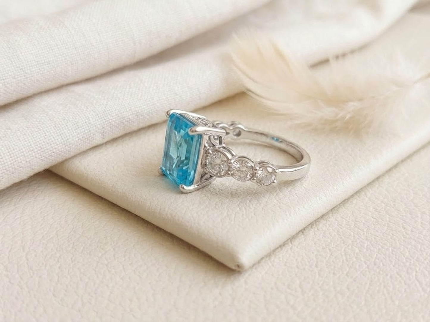 Blue Topaz & Moissanite Engagement Ring – Emerald Cut Blue Gemstone Ring for Women