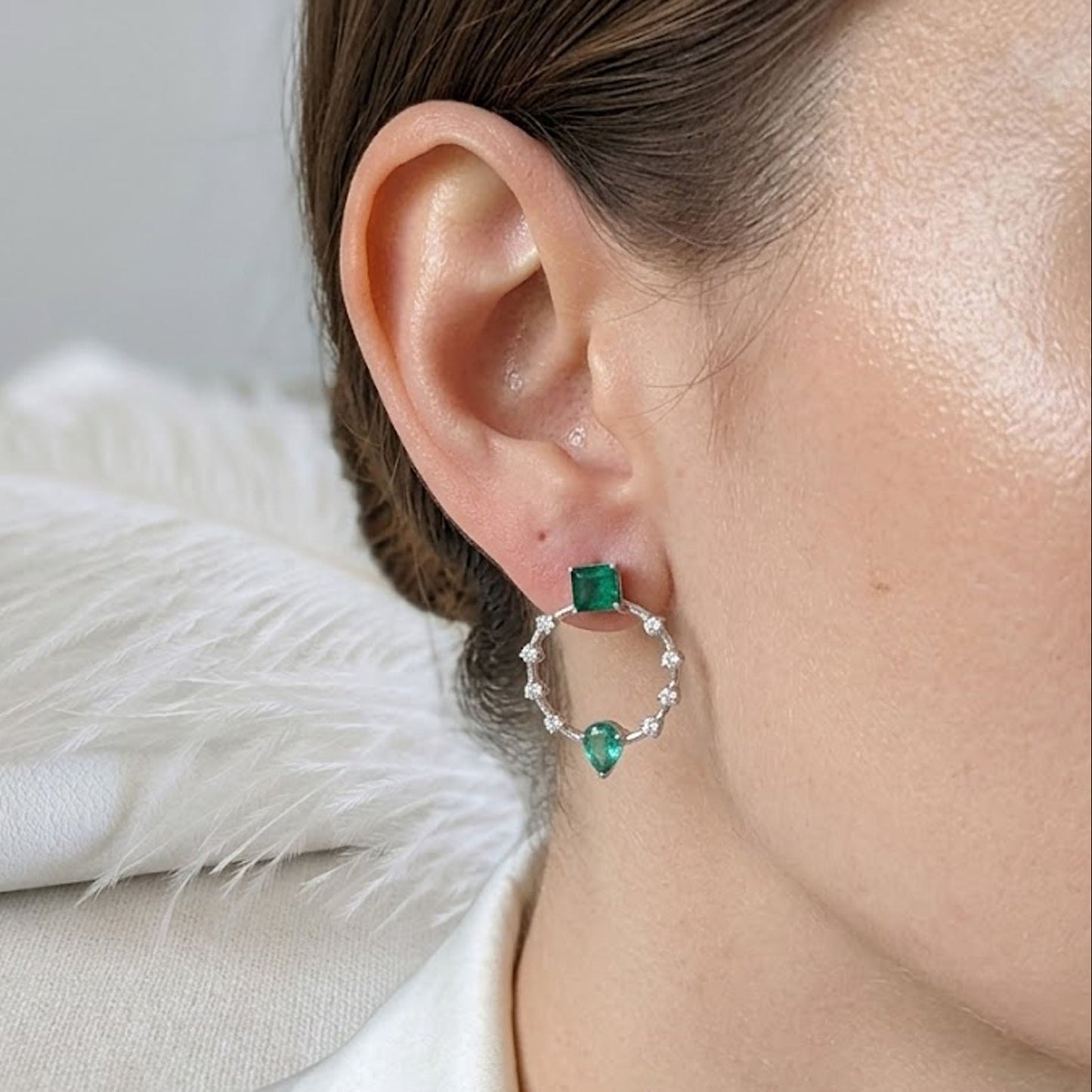 Emerald & Moissanite Halo Drop Earrings – Geometric Gemstone Jewelry for Women