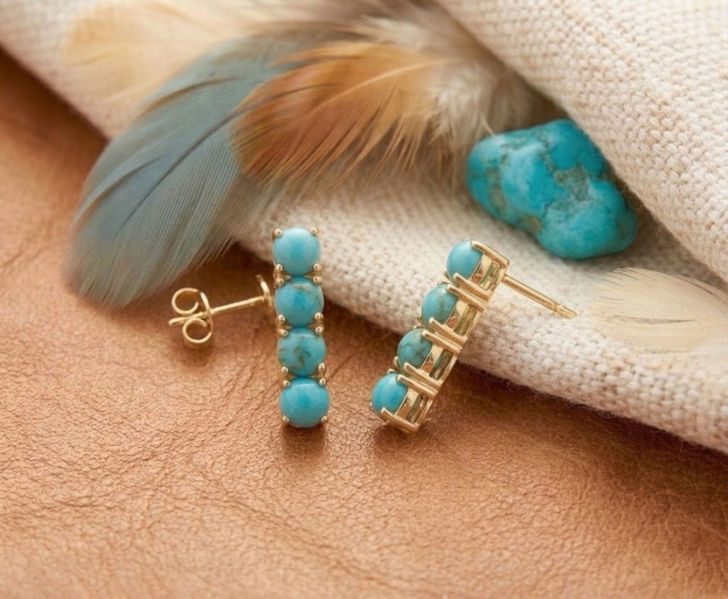 Natural Turquoise Linear Drop Earrings – Gold Bar Stud Jewelry for Women