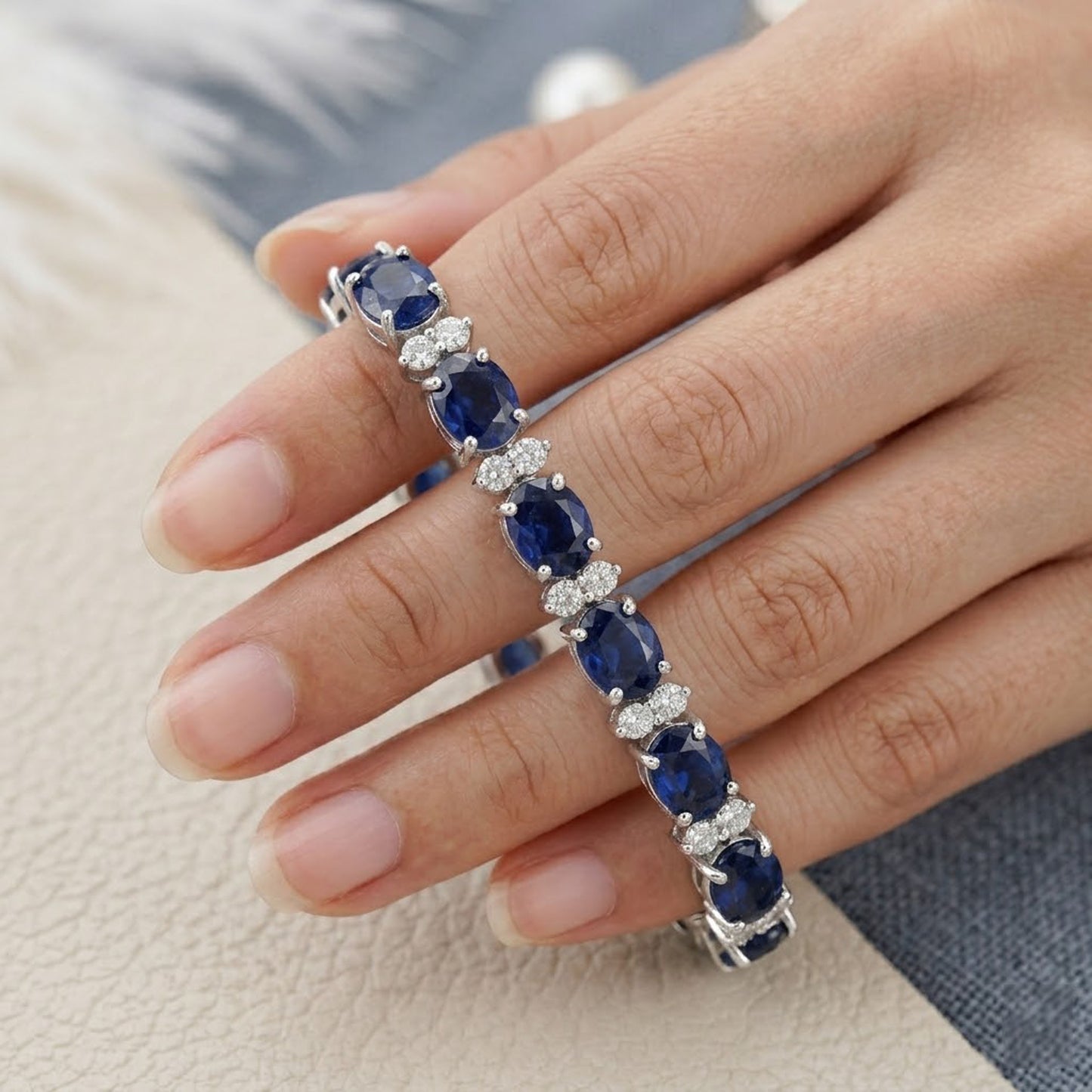Natural Blue Sapphire & Moissanite Tennis Bracelet – Oval Gemstone Jewelry for Women