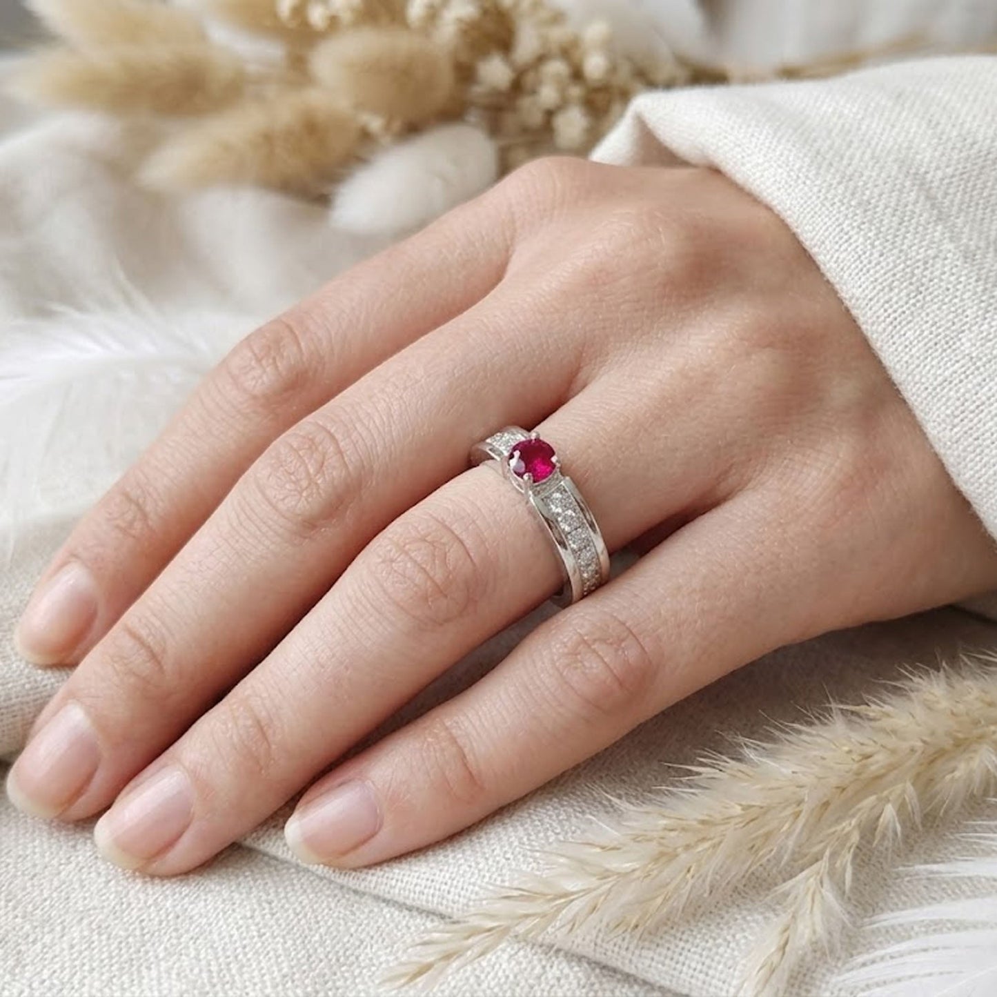 Ruby & Moissanite Wedding Band – Round Cut Vintage Anniversary Ring for Women