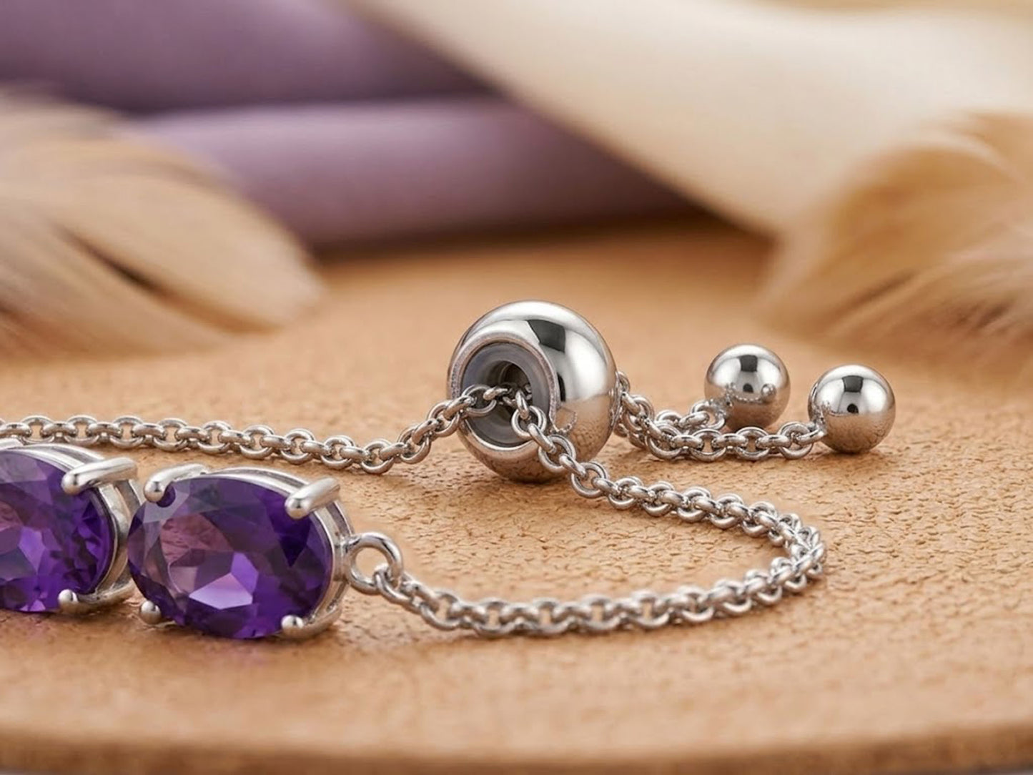 Natural Amethyst Bolo Bracelet – Adjustable Purple Gemstone Bracelet for Women