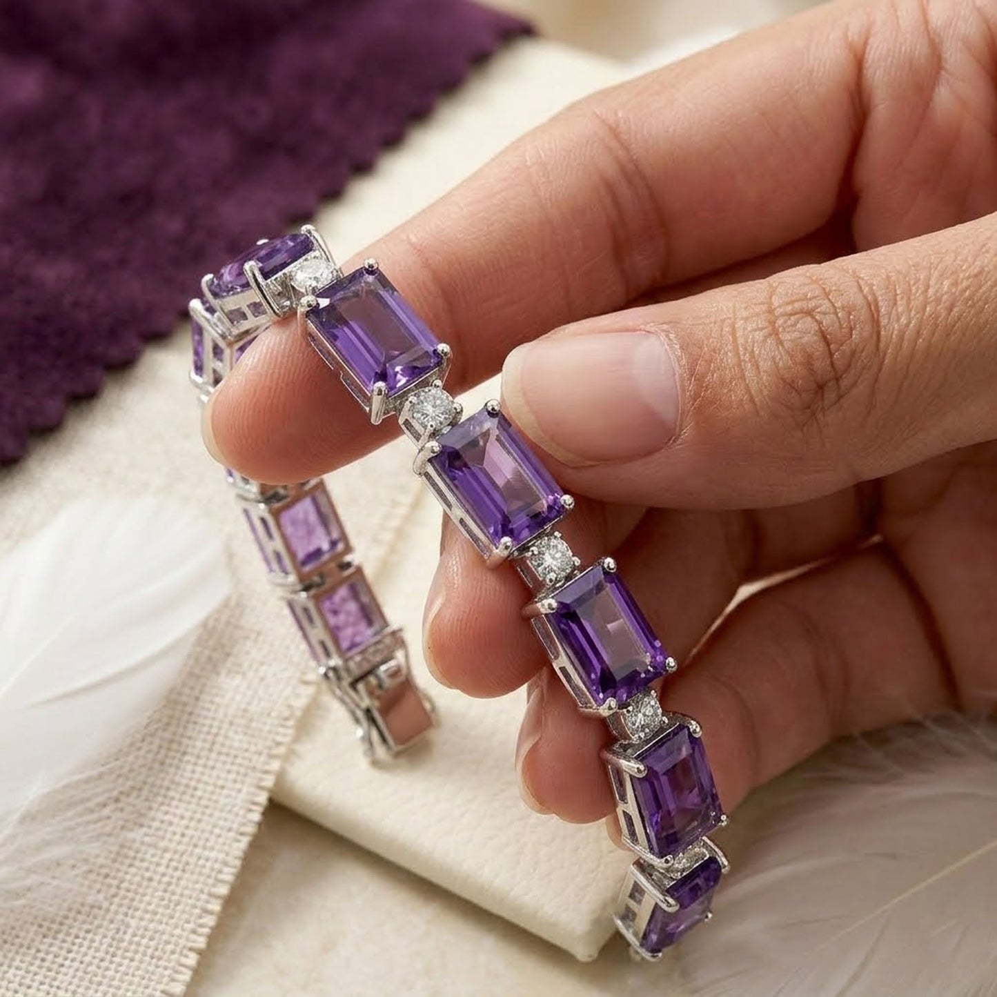 Natural Amethyst & Moissanite Tennis Bracelet – Octagon Cut Gemstone Jewelry for Women
