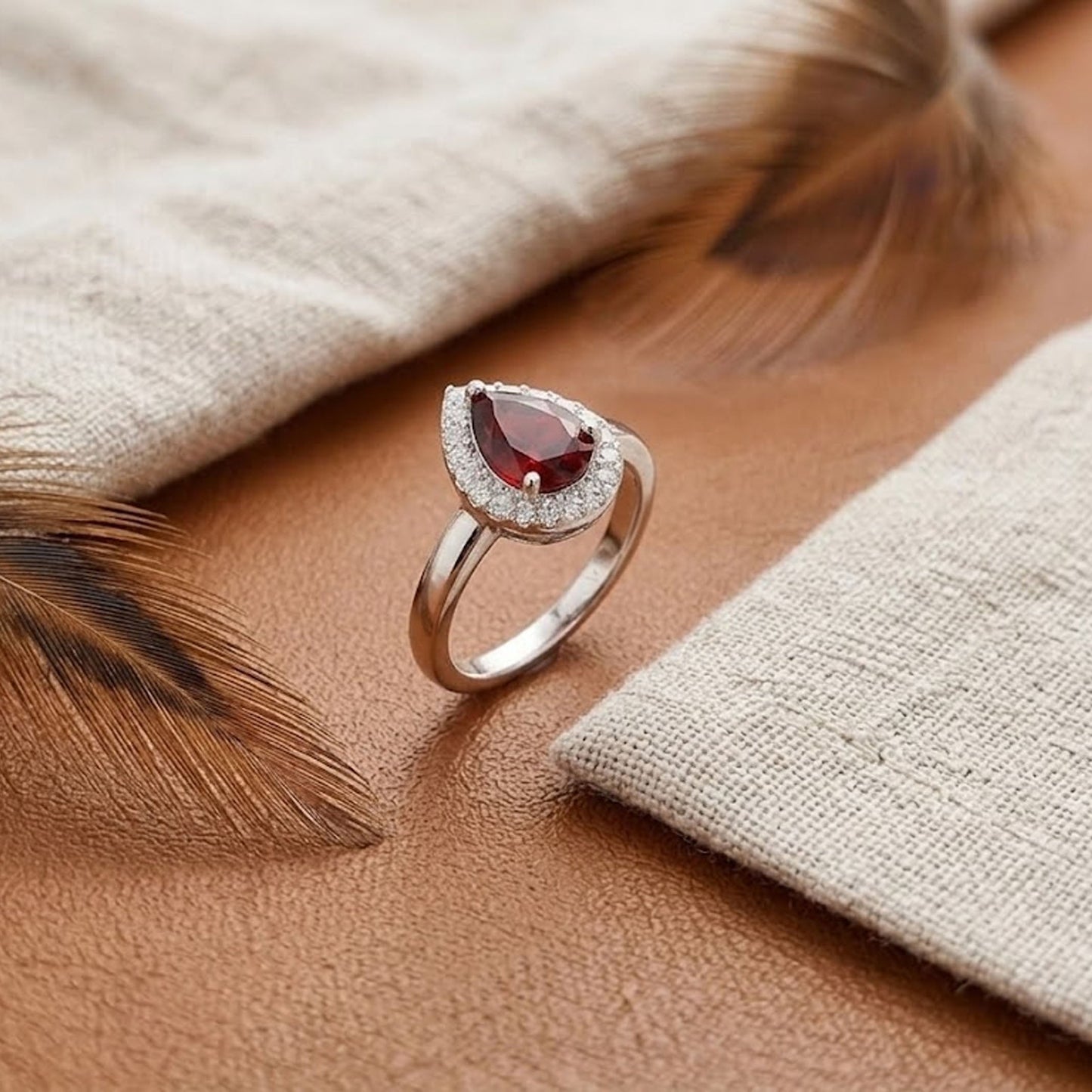 Natural Garnet Halo Engagement Ring – Pear Cut Vintage Bridal Ring for Women
