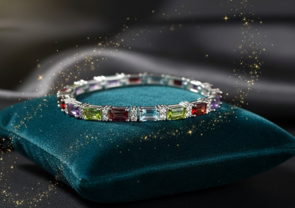 Rainbow Eternity Bracelet: Natural Gemstones & Brilliant Moissanite in Sterling Silver