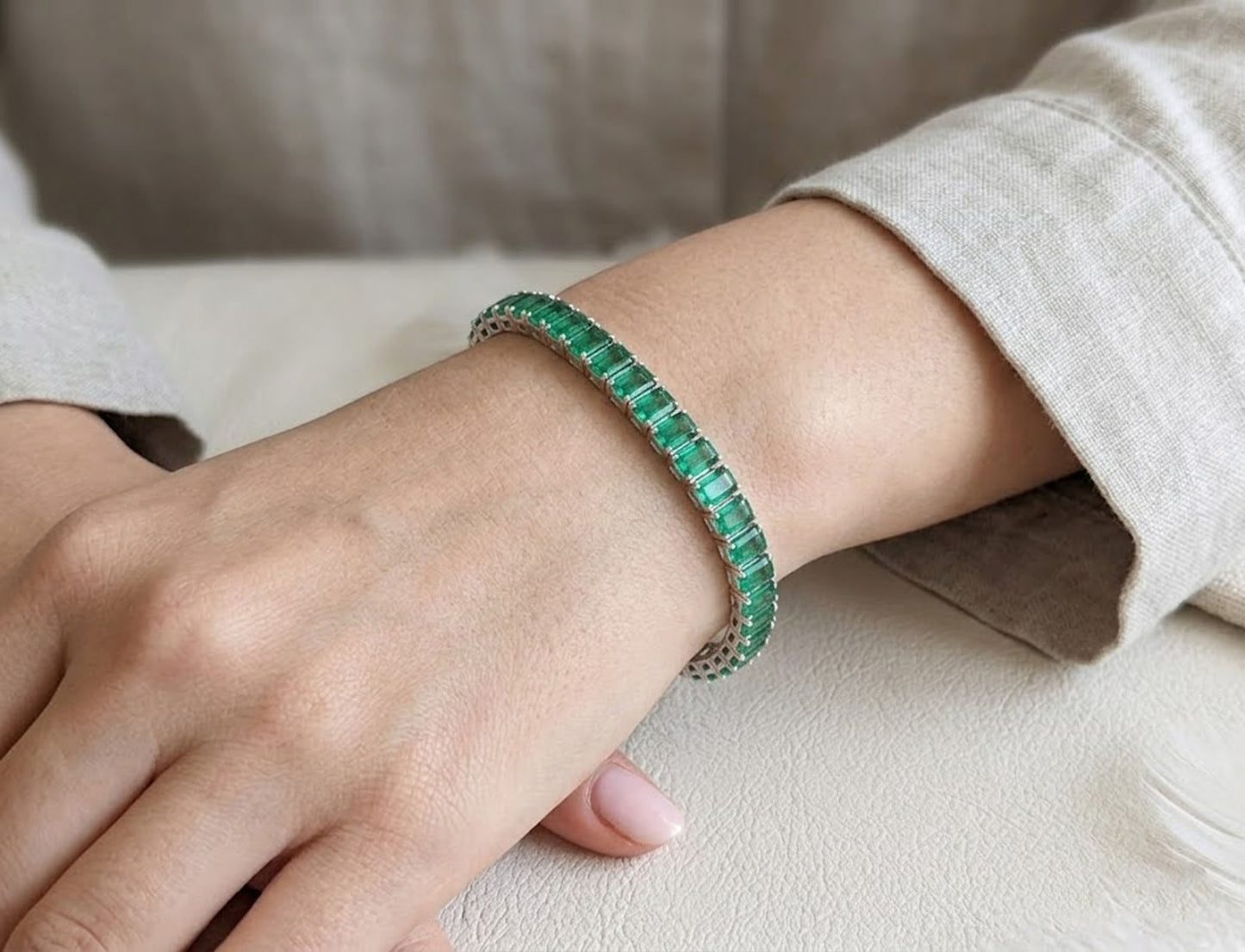 Emerald Tennis Bracelet – Emerald Cut Green Gemstone Bracelet for Women