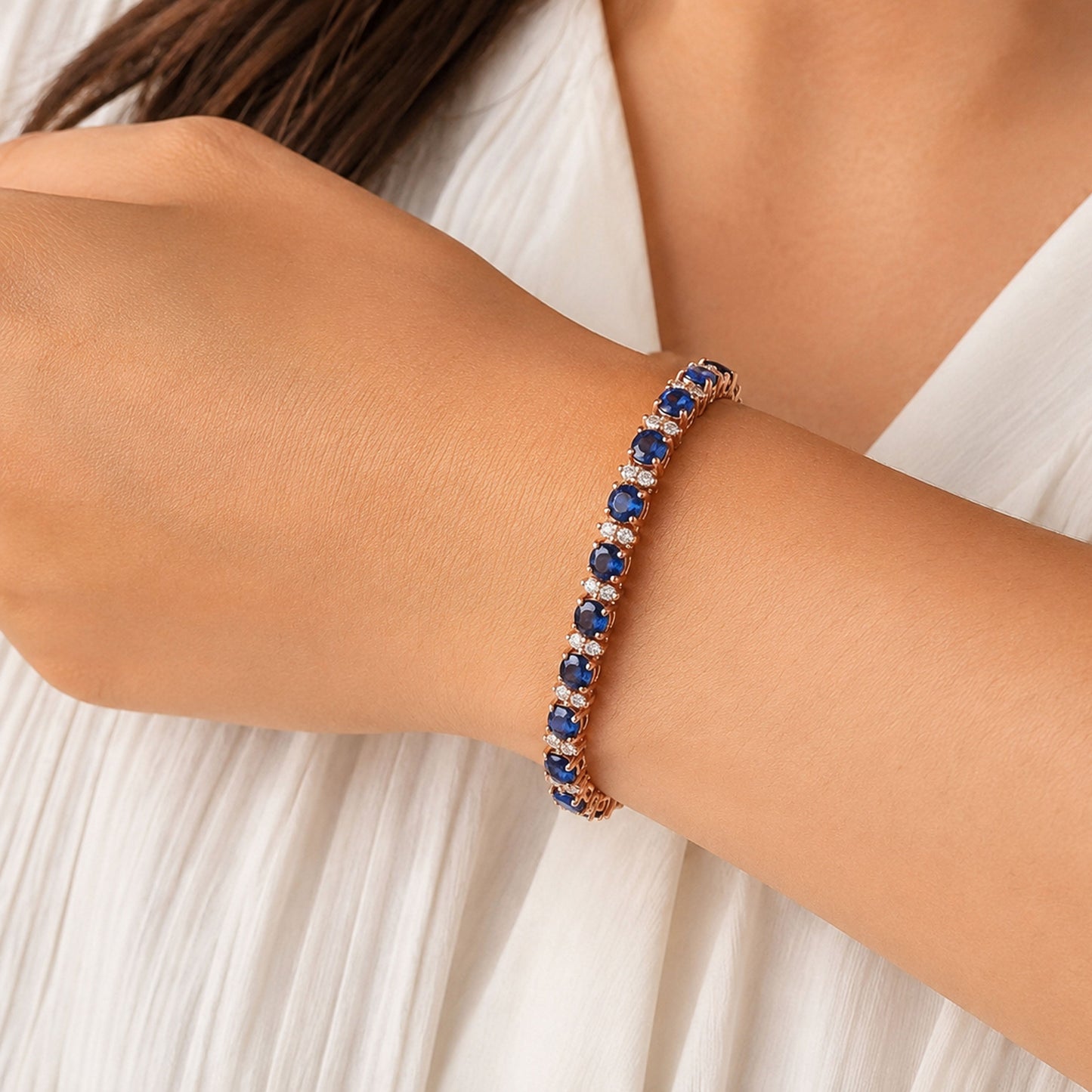 Natural Blue Sapphire Tennis Bracelet with Moissanite – Rose Gold Link Bracelet