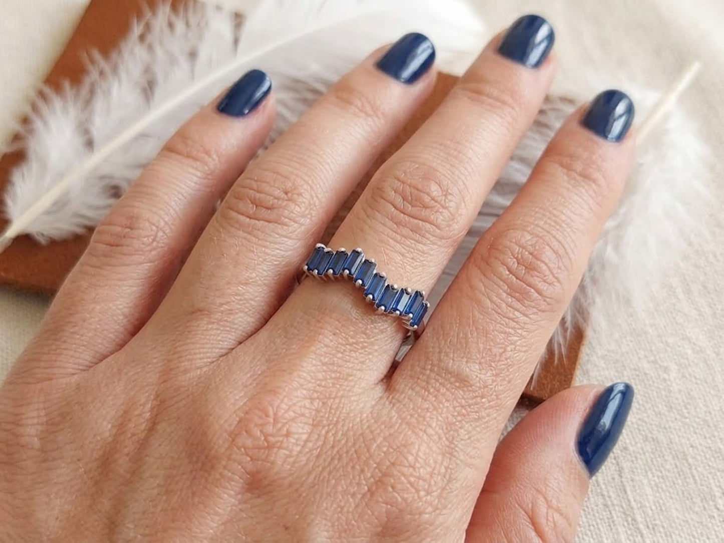 Blue Sapphire Baguette Half Eternity Ring – Curved Chevron Gemstone Band for Women