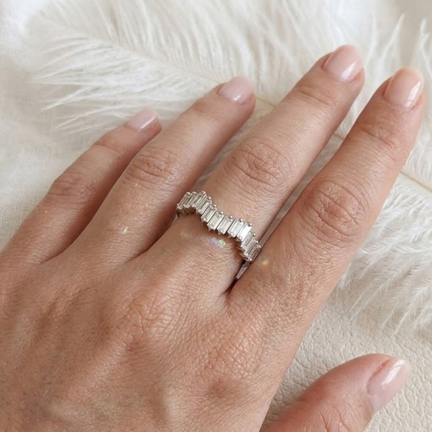 Baguette Moissanite Curved Wedding Band – Chevron Stacking Ring for Women