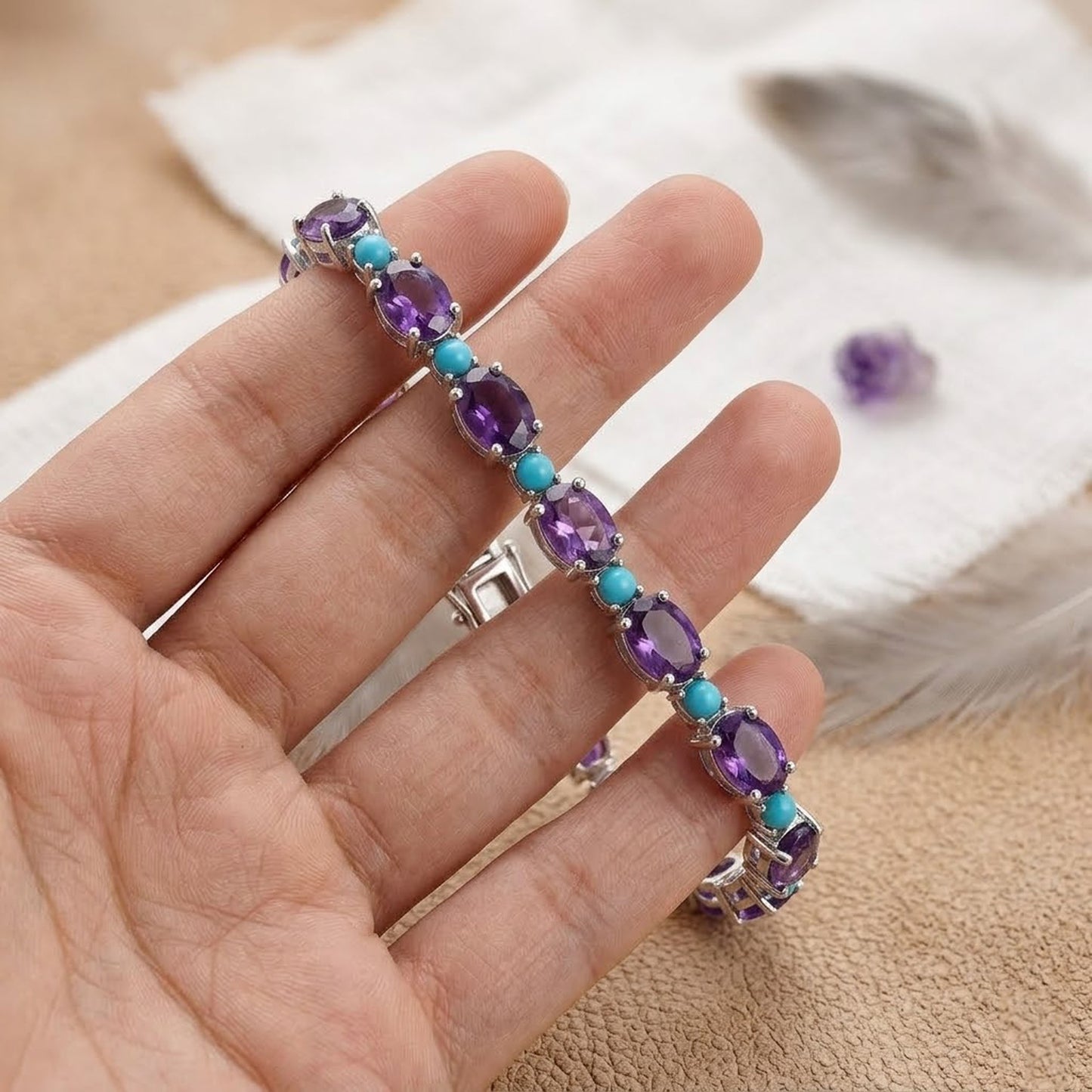 Natural Amethyst & Turquoise Tennis Bracelet – Gemstone Jewelry for Women