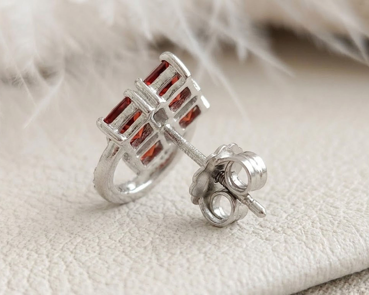 Natural Garnet & Moissanite Stud Earrings – Square Gemstone Jewelry for Women