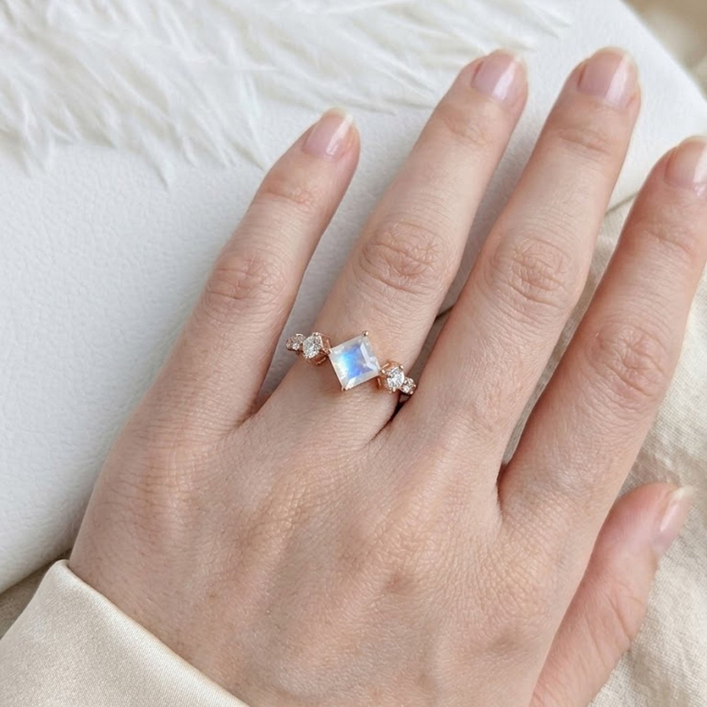 Moonstone  Engagement Ring – Princess Cut Cluster Ring for Women