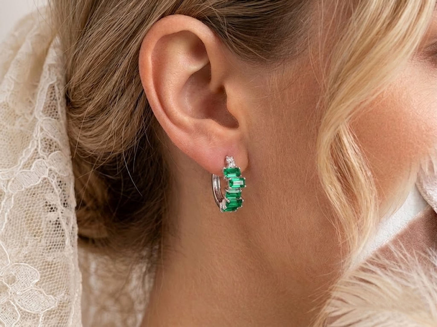 Emerald & Moissanite Baguette Hoop Earrings – Green Gemstone Huggies for Women