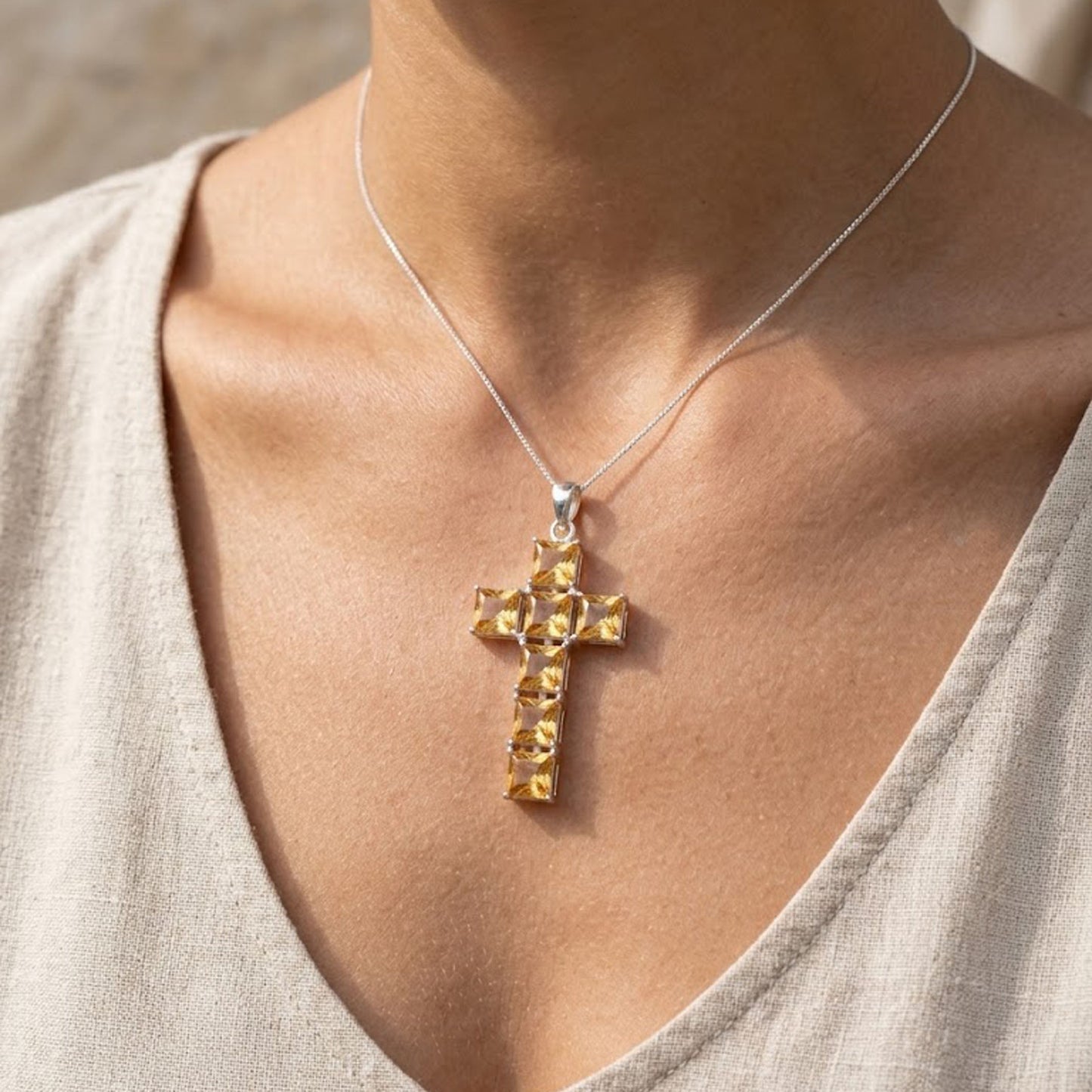 Natural Citrine Cross Necklace – Yellow Gemstone Pendant Jewelry for Women