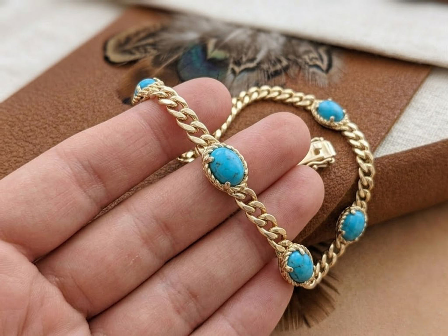 Natural Turquoise Link Bracelet – Boho Gemstone Jewelry for Women