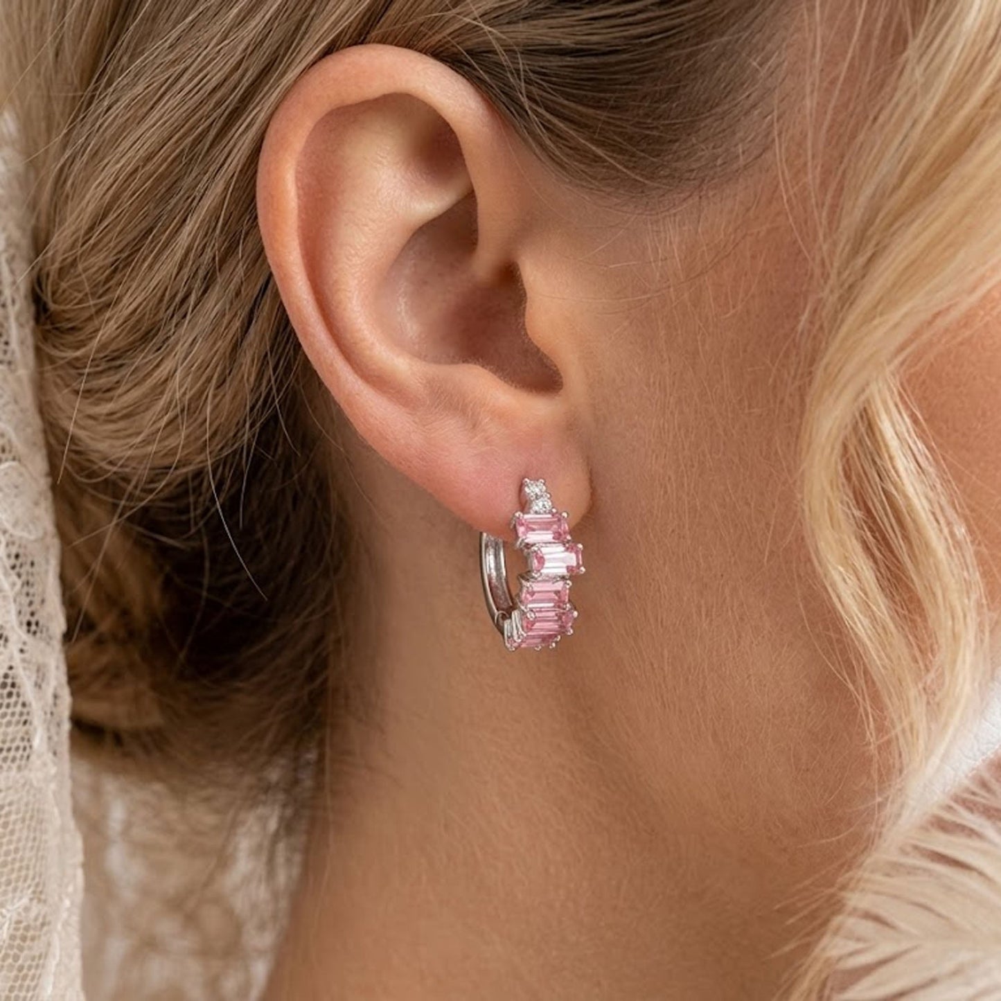 Pink Topaz & Moissanite Baguette Hoop Earrings – Graduated Gemstone Huggies for Women