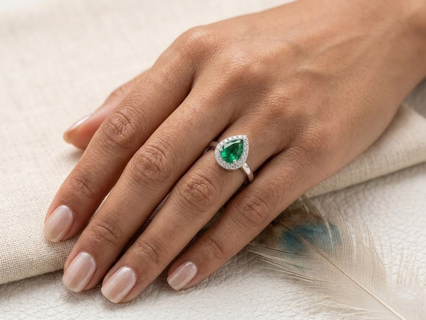 Emerald Halo Engagement Ring – Pear Shaped Vintage Bridal Ring for Women